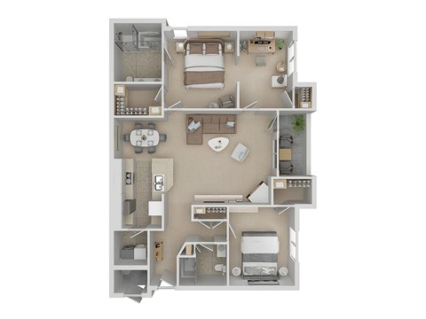 A 3D floor plan of a house with a kitchen, living room, dining room, and bedrooms.